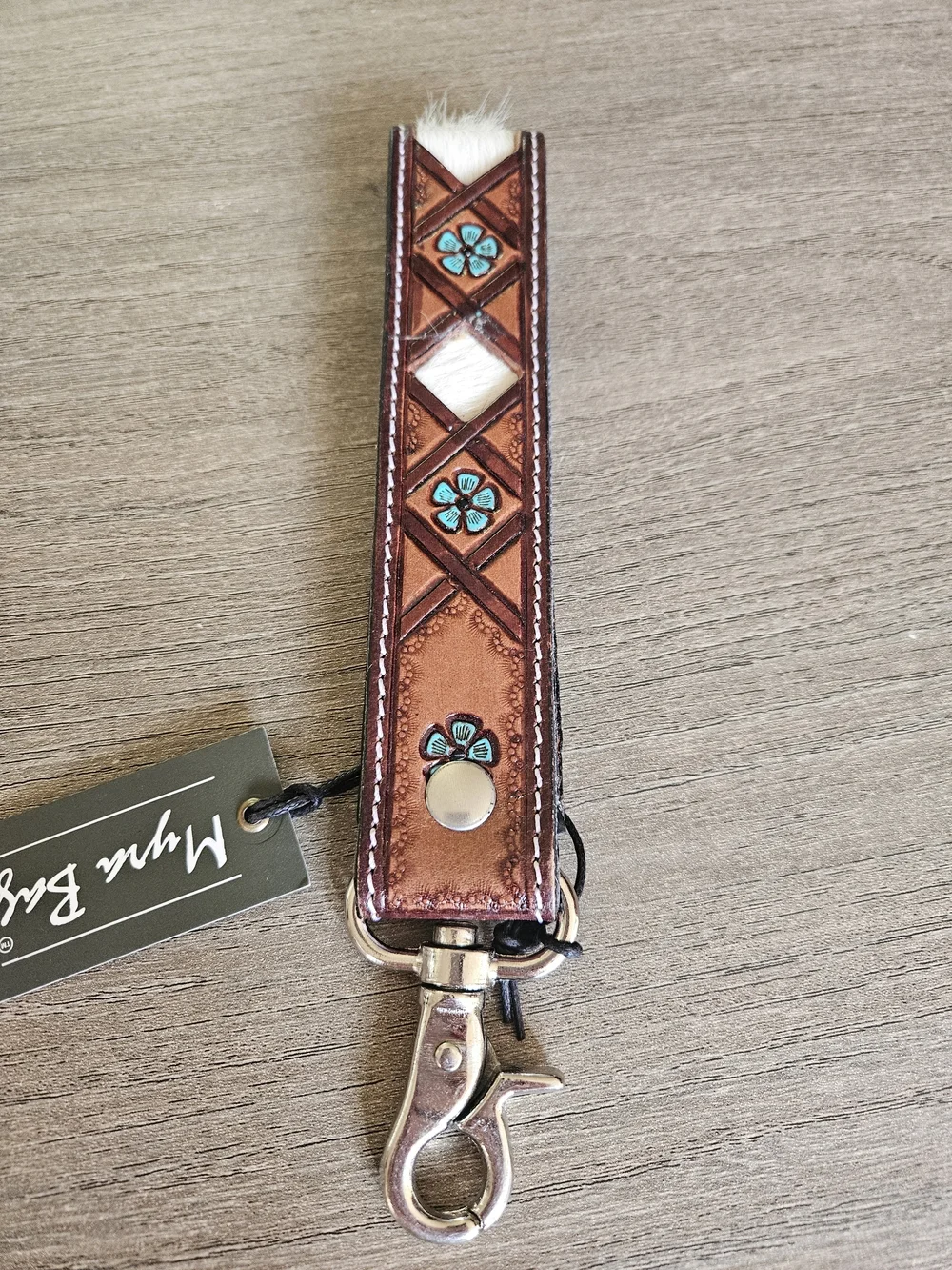 Myra Bag Brown Leather Key & Card Holder with Turquoise Floral Inlays & Cowhide